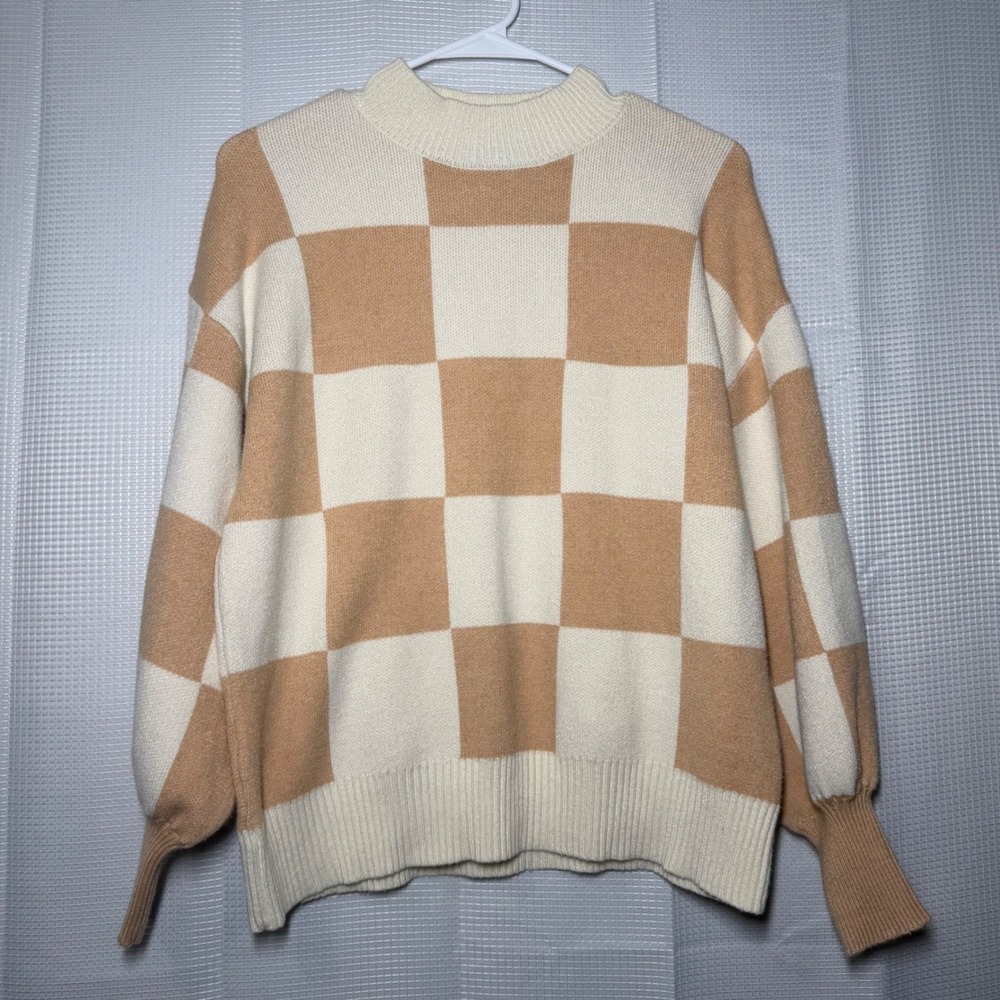Zesica Checkerboard Sweater Medium Tan Cream Mock‎ Neck Knit Pullover